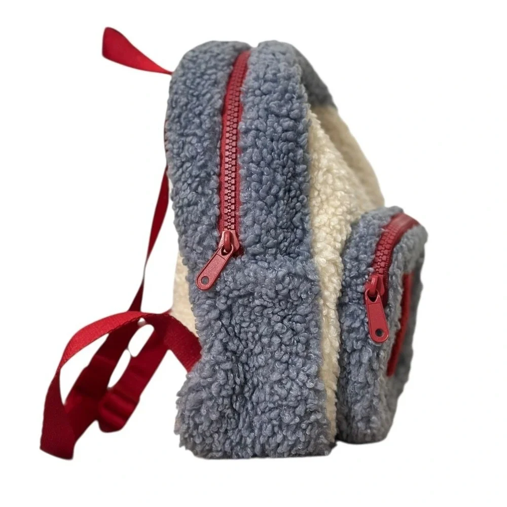 Disney Mickey Mouse Sherpa Mini Backpack Blue Cream Red Zippers M Patch